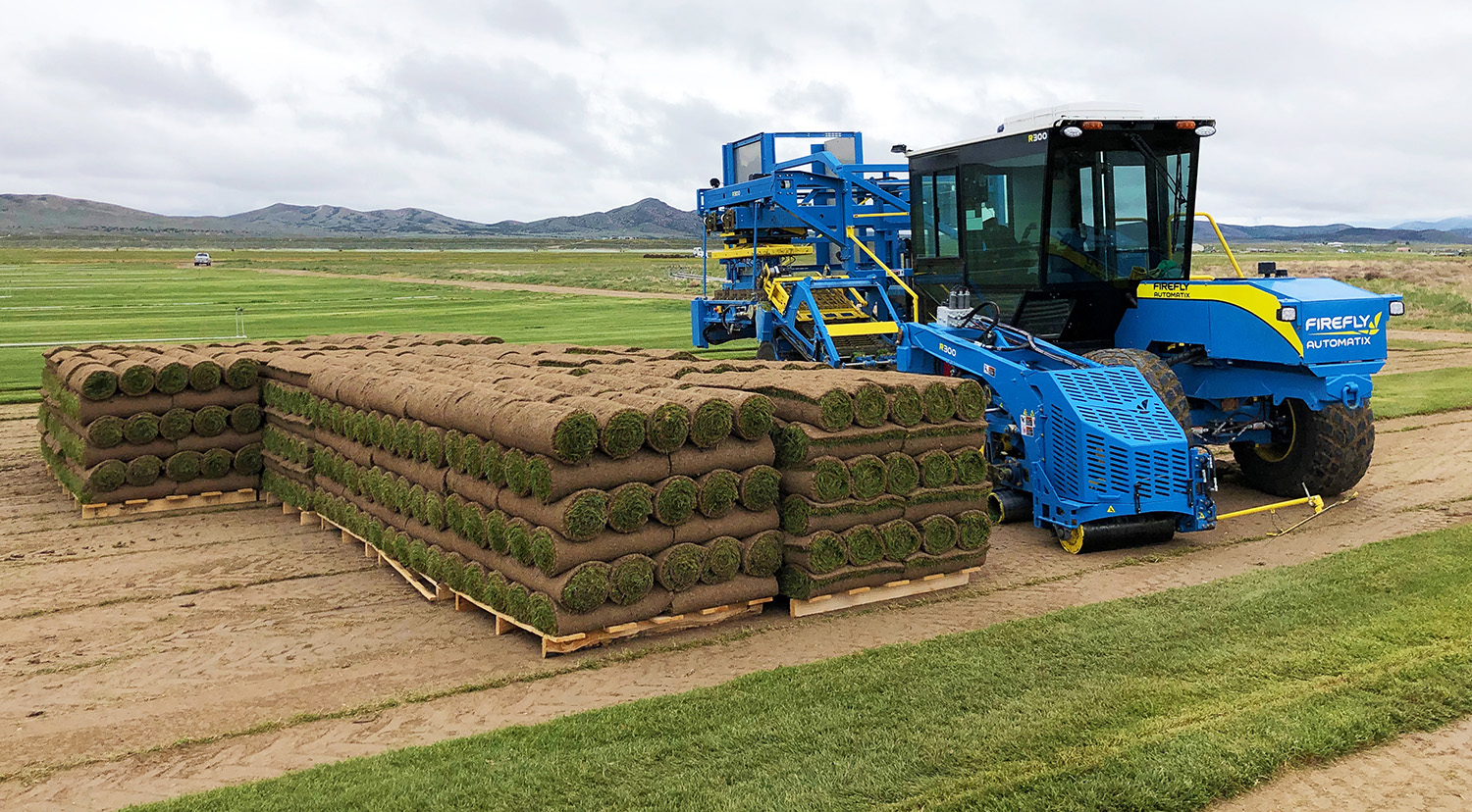 FireFly R300 sod harvester with pallets of rolled sod