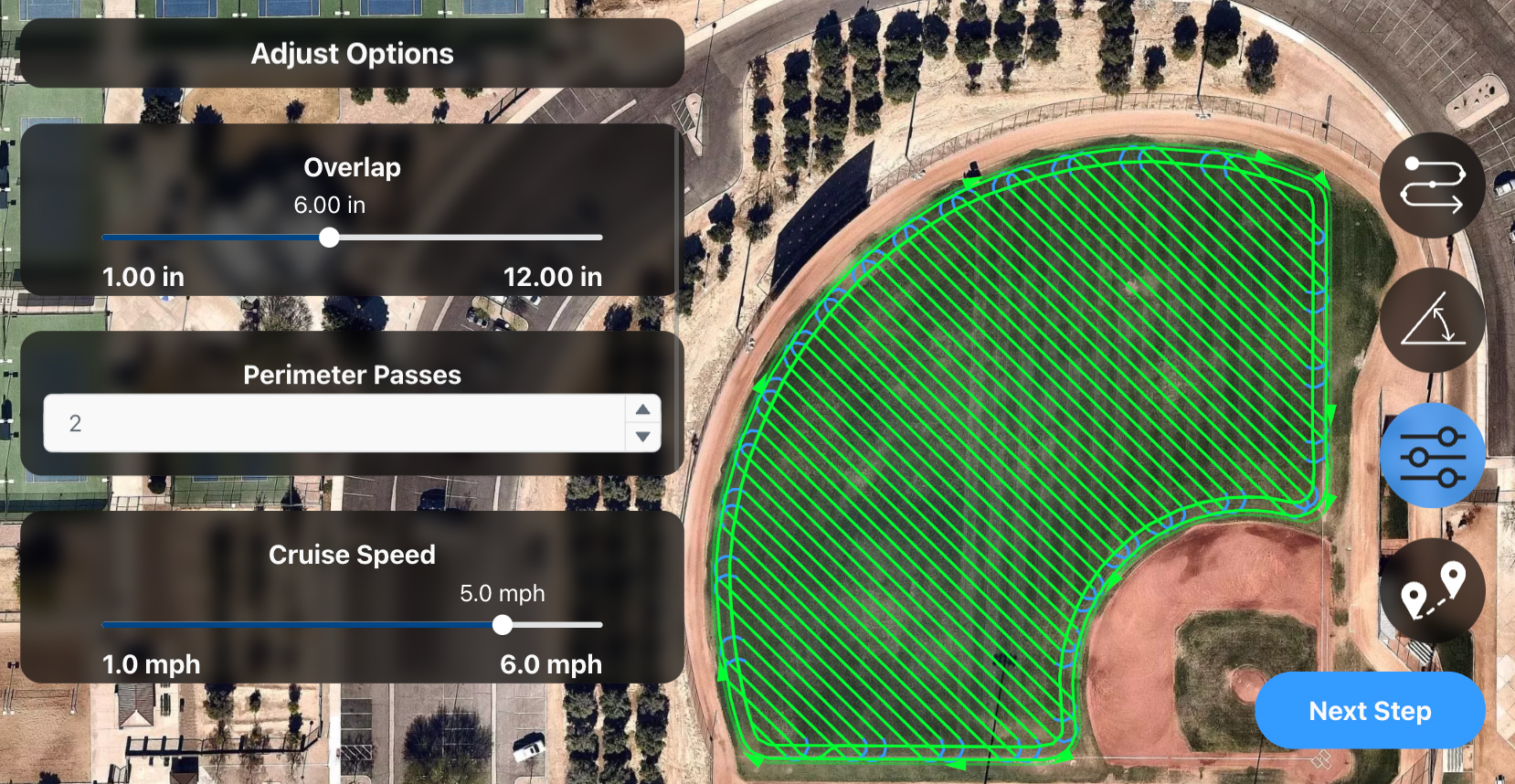 autonomous lawn mower path screenshot from FireFly QuickPlan software