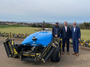 Serrano Country Club leaders Brandon Wagner Josh Rumsey Paul Koojoolian with their new FireFly AMP mower