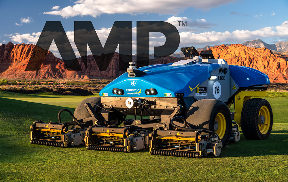 FireFly AMP autonomous mower on golf course with AMP wordmark