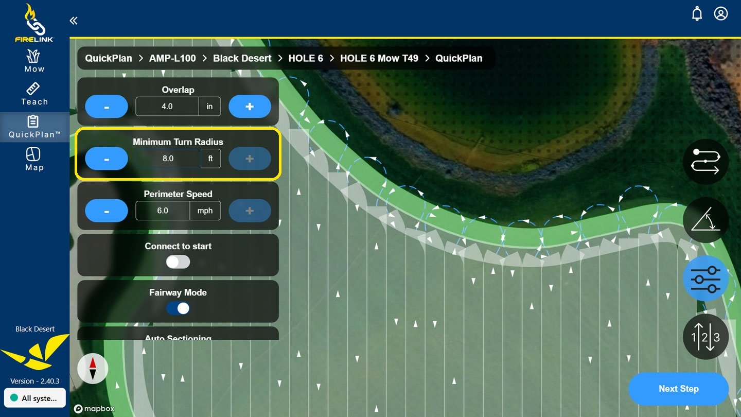 Sample QuickPlan path emphasizing the minimum turn radius setting is set to eight feet.