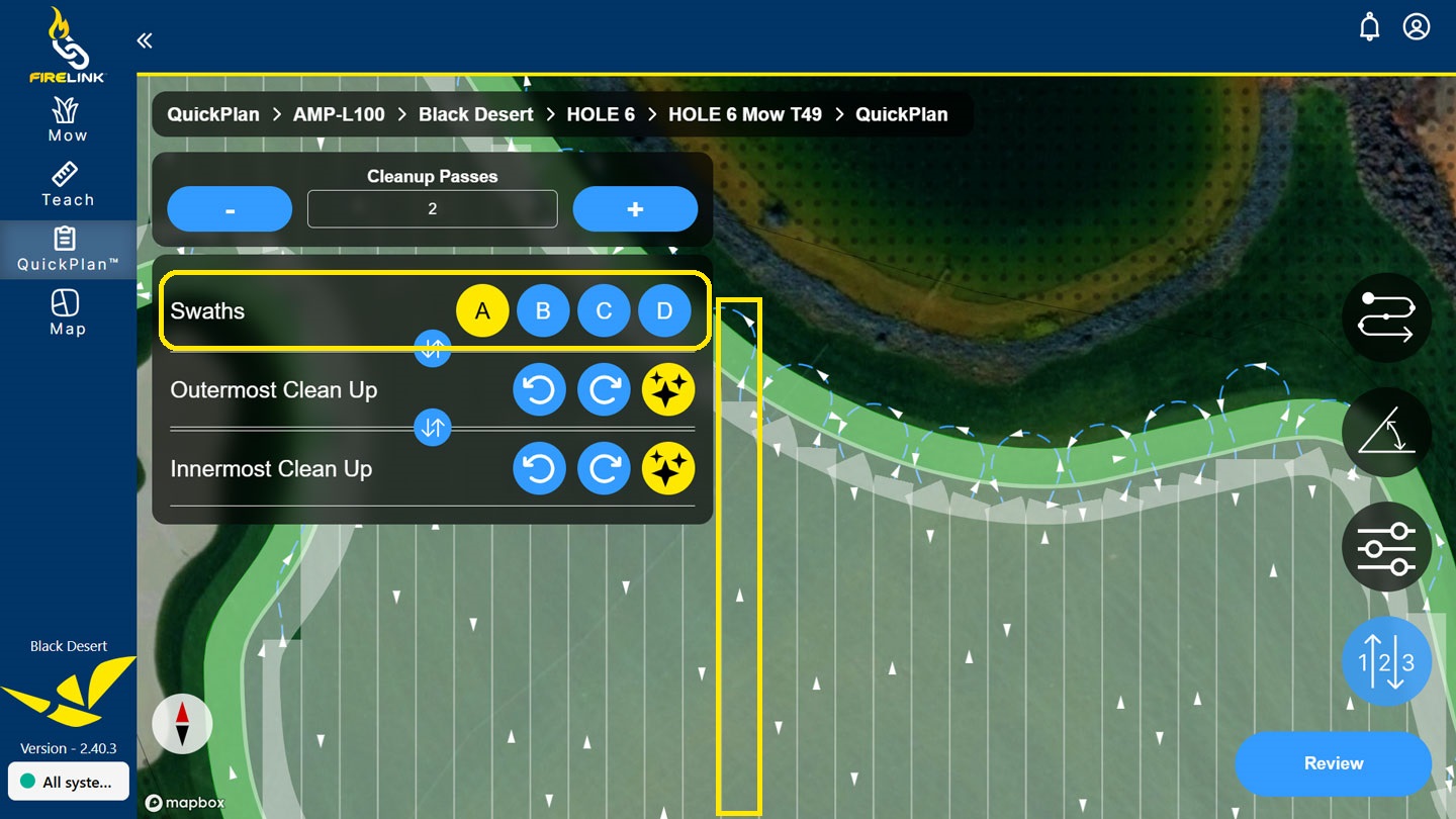 Sample QuickPlan path emphasizing the chosen swath A path direction.