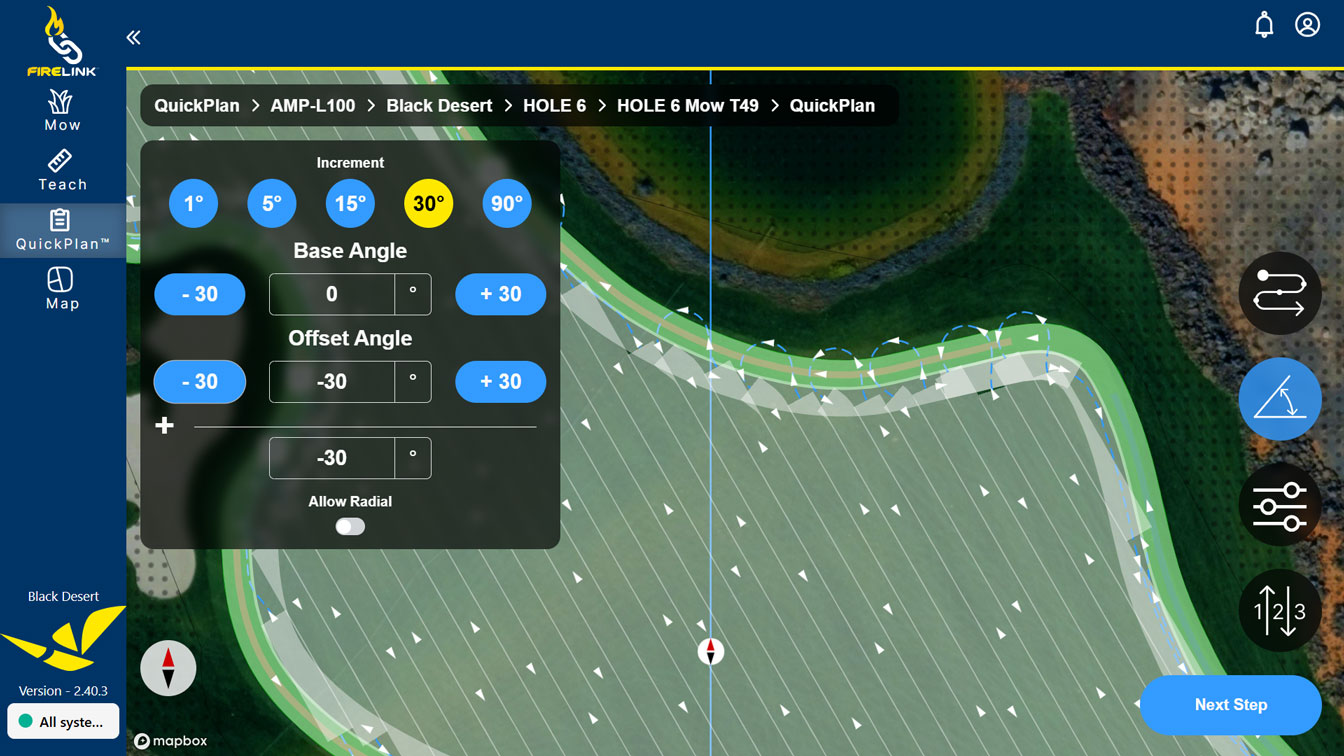 Sample QuickPlan path with Offset Angle set to negative 30 degrees.