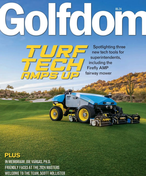 Golfdom May 2024 cover featuring FireFly Automatix robotic fairway mower
