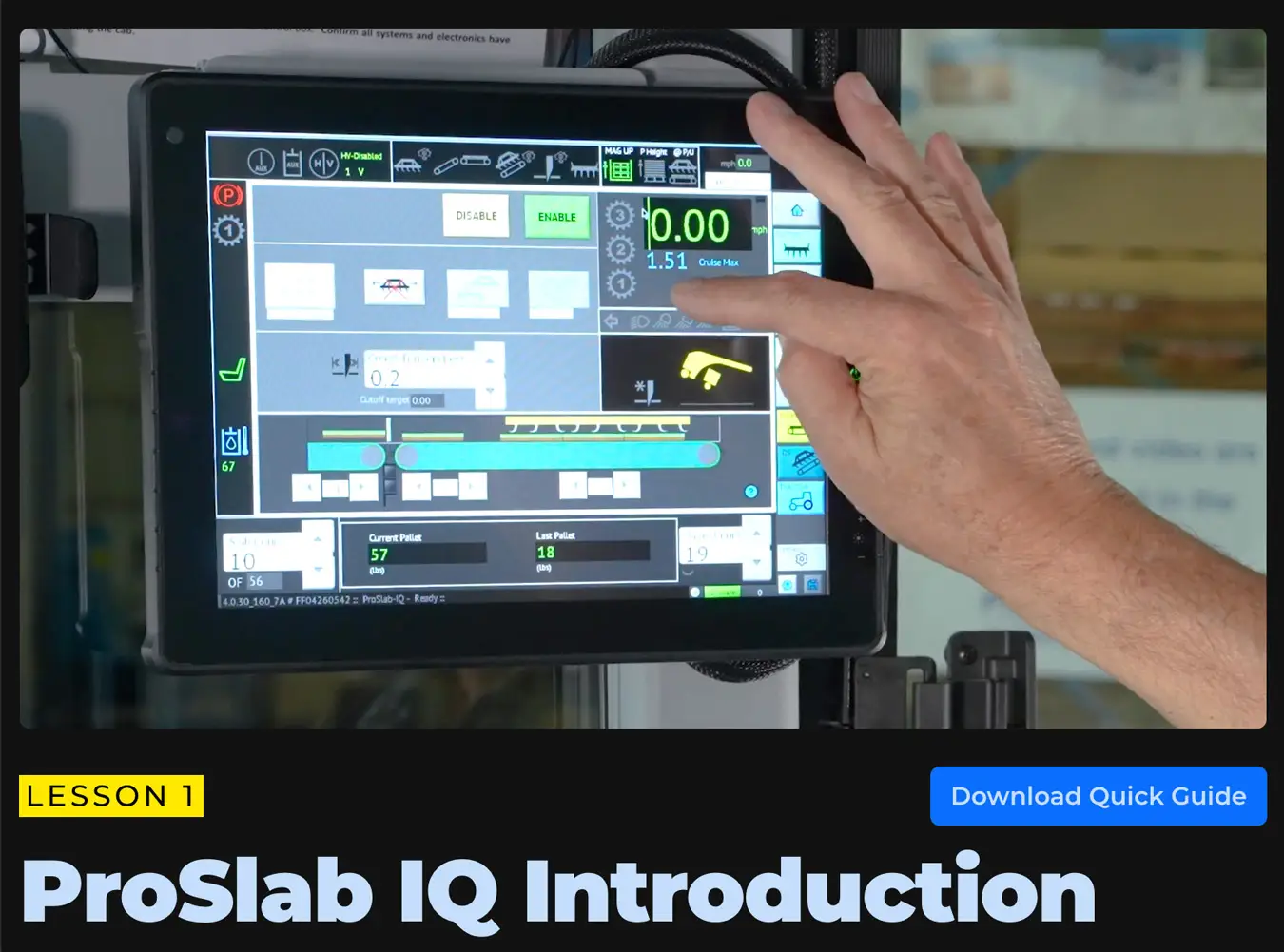 A screenshot of lesson 1 of ProSlab IQ Introduction showing a person pointing at a screen