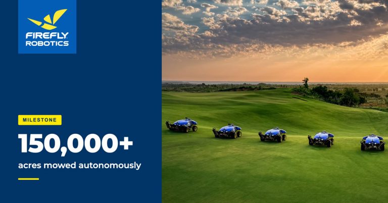Five FireFly Robotics autonomous fairway reel mowers on a green golf course with a sunset background, with a FireFly Robotics logo, text reading "Milestone. 150,000+ acres mowed autonomously"