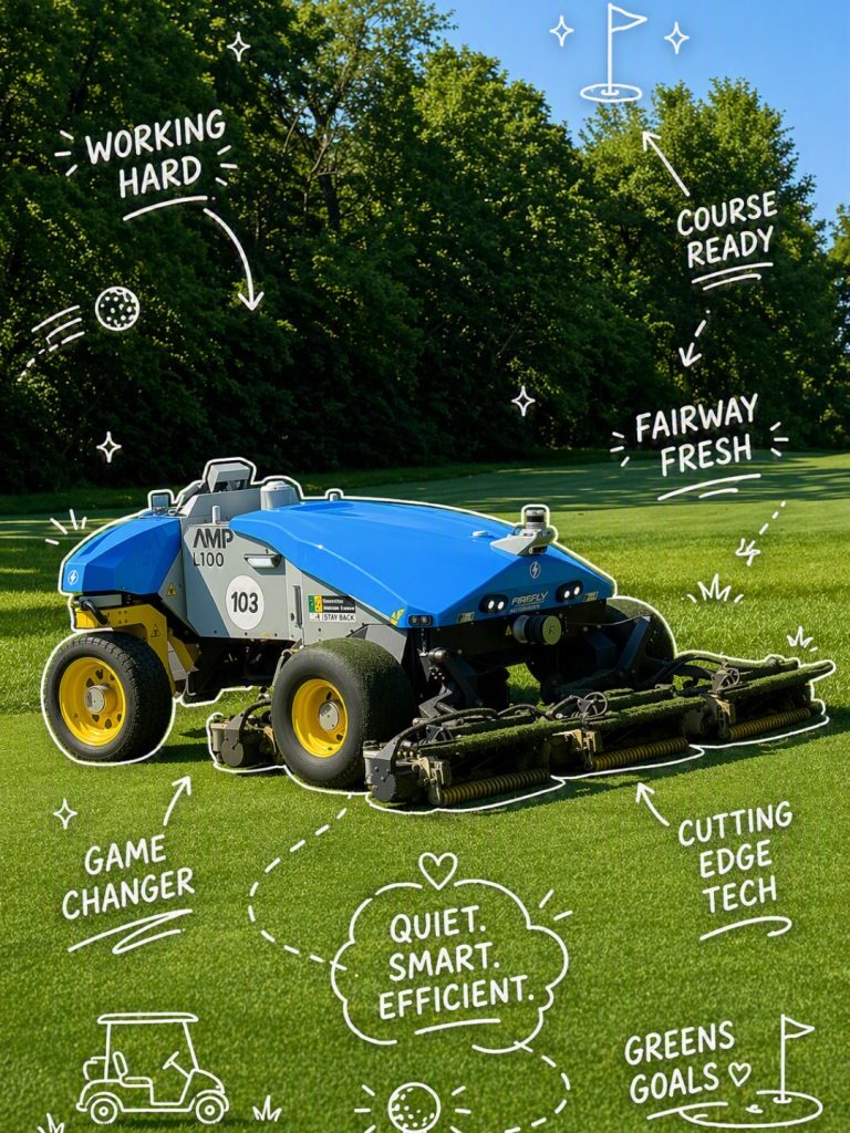 robotic fairway mower on golf course with features written in call-outs around it: working hard, course ready, fairway fresh, game changer, quiet. smart. efficient. cutting edge tech, greens goals