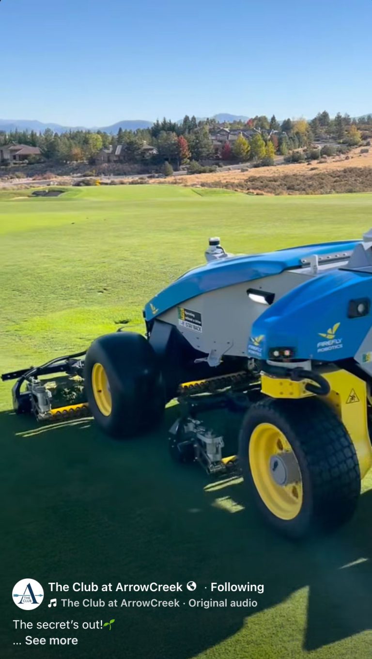 screenshot of facebook post by The club at ArrowCreek showing a firefly robotics mower out on the course